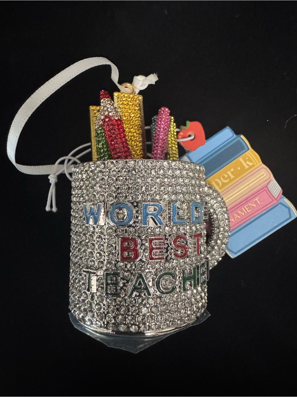 World's Best Teacher Rhinestone Mug Ornament - Silver with Multicolor Accents